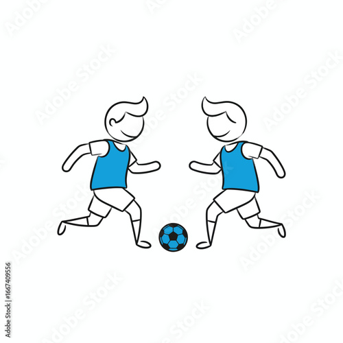 Two stick figures playfully compete for a soccer ball.