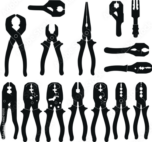 Silhouette set of pliers tools, electrician equipment, hand tools collection, construction, repair, maintenance, gripping, cutting, crimping, black outline icons