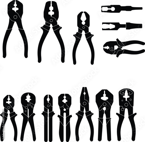 Silhouette pliers tool collection, electrician hand tools, repair equipment, gripping, cutting, crimping, construction, maintenance, mechanic tools, wire cutter set icons