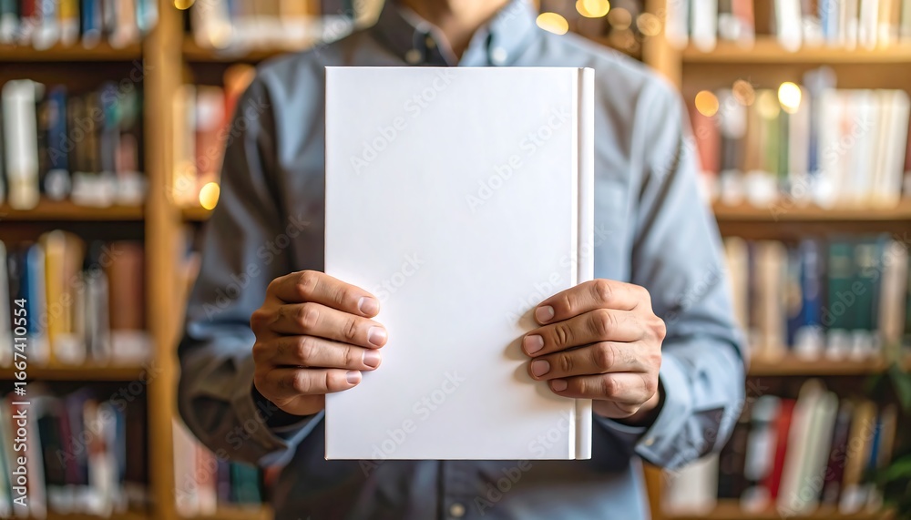 Man holding blank book in library, ready for custom design or educational content creation Man holding blank book in library, ready for custom design or educational content creation