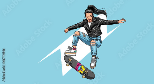 A stylish young woman performing a skateboard trick in cartoon style design