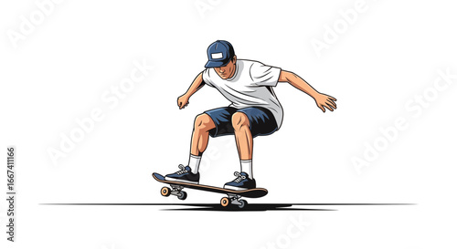 Cartoon illustration of a teenager performing a skateboard trick in midair