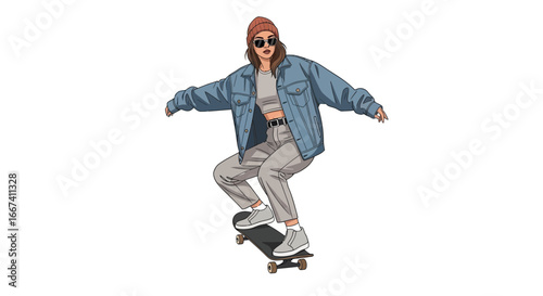Dynamic cartoon style image of a young woman skateboarding confidently