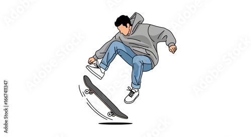 Dynamic illustration of a skateboarder performing a trick in mid air