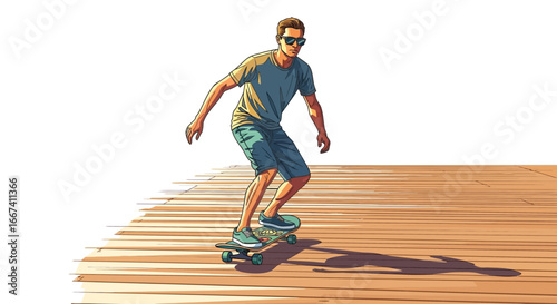 Dynamic illustration of a skateboarder riding on a wooden surface