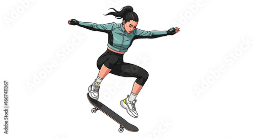 Dynamic illustration of a young woman executing a skateboard trick skillfully
