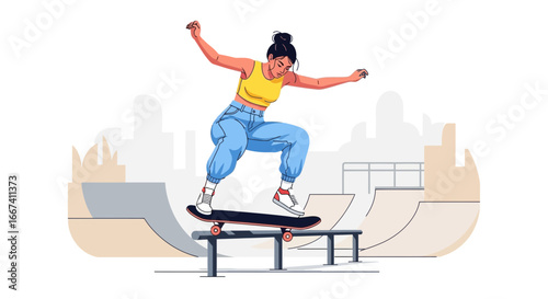Dynamic illustration of a young woman performing a skateboard trick in skatepark