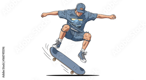 Dynamic illustration showcasing a skateboarder executing a jump in mid-air