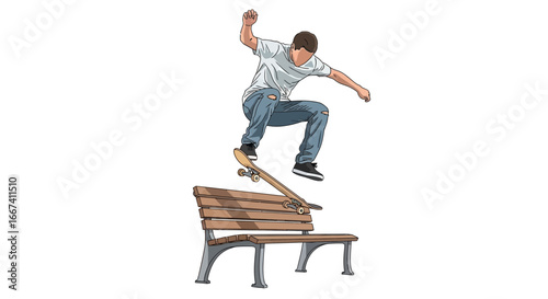 Dynamic Skateboarder Mid-Air Performing Stunt Over Park Bench Illustration