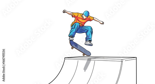 Dynamic skateboarder mid-air trick on ramp with vibrant colors illustration