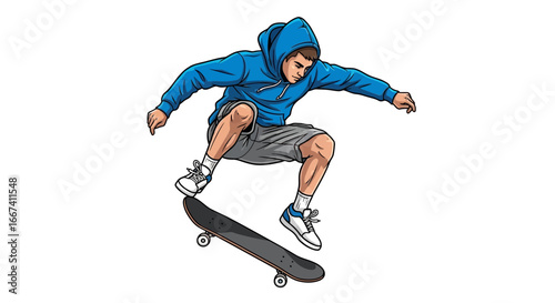 Dynamic skateboarding action with airborne performer against a white backdrop