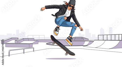 Dynamic Skateboarder Performing Trick in Urban Skate Park with Cityscape View