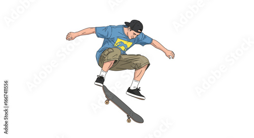 Dynamic skateboarding scene showcasing a skilled skater in mid-air trick
