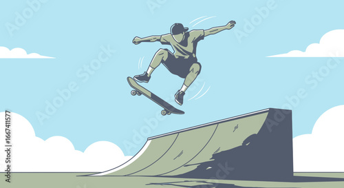 Dynamic skater airborne above ramp, freestyle sporting action in the sky
