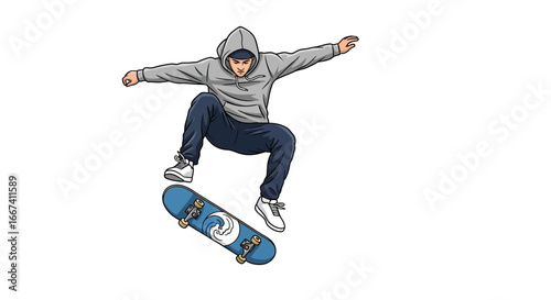 Dynamic vector illustration of skateboarder performing a mid-air trick