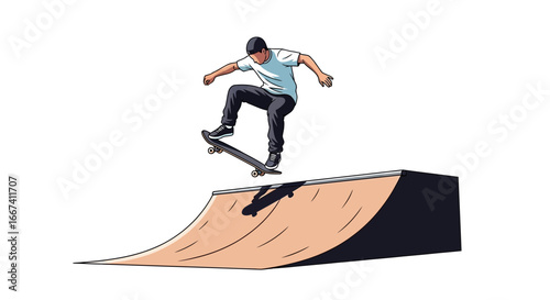 Illustrated skateboarder performing a trick off ramp, adrenaline and fun
