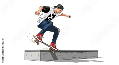Illustrated Skater Performing a Trick on a Ramp, Against White Backdrop