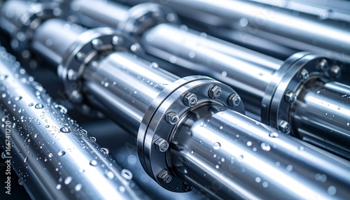 Shiny industrial metal pipe with flanged joints, adorned with reflective water droplets. Featuring precise, clean stainless steel texture details, ideal for industrial concepts