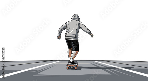 Illustration of a young male riding a skateboard on an empty road