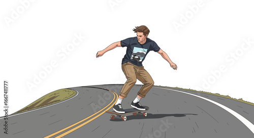 Illustrative Skateboarder Carving Down a Road with Unique Hand-Drawn Style