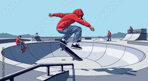 Illustrative skateboarder executing trick in a skatepark with other people