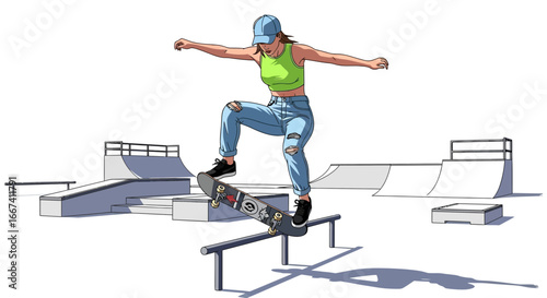 Illustrative skater girl on grind rail in skatepark, showing urban vibe