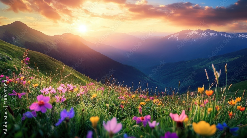 Obraz premium mountain valley filled with colorful wildflowers and soft grasses. Majestic mountains rise in the background, their peaks covered in snow on blurred background