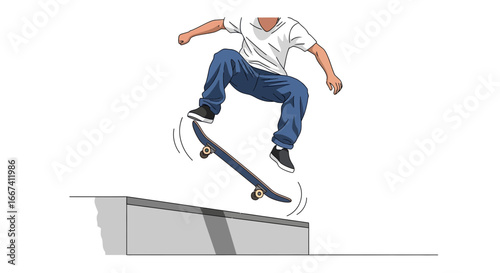 Mid-air skater performing trick over concrete ledge in isolated scene