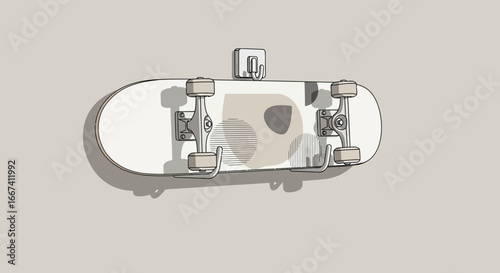 Minimalist illustration featuring a skateboard mounted on a wall surface