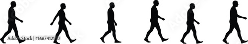 Man walking silhouette, human walking poses, walking cycle illustration, male figure movement, pedestrian steps sequence, walking posture design, vector walking animation