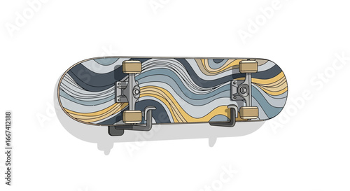 Skateboard Illustration with Abstract Pattern Deck, Minimalist Artistic Style