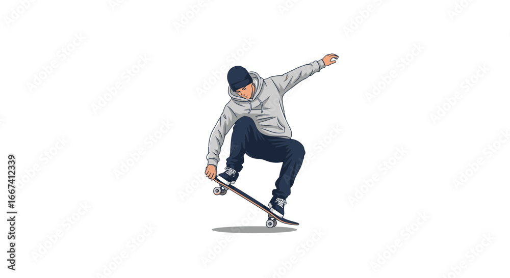 Obraz premium Skateboarder performing a trick mid-air with minimalist design aesthetic