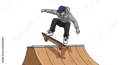 Skateboarder in motion on a skate ramp performing trick, art style