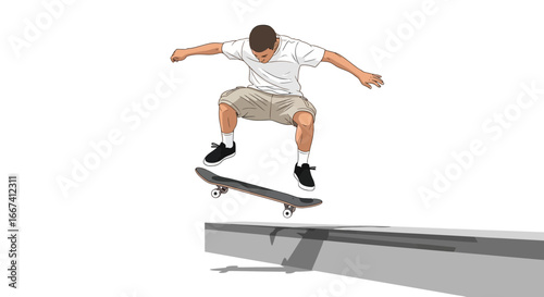 Skateboarder mid-air action performing trick against white background scene