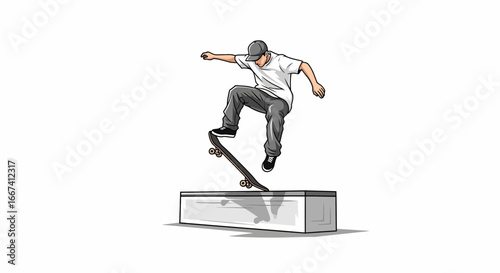 Skateboarder mid-air performing a trick in stylized illustration format