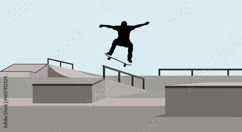 Skateboarder mid-air performing trick in a stark monochrome minimalist skatepark