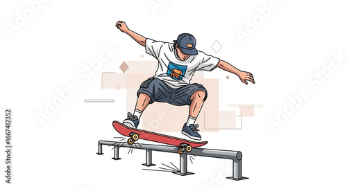 Skateboarder performing a trick on a rail with dynamic composition and style