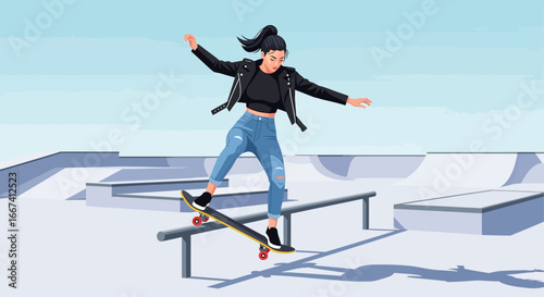 Stylish female skateboarder executes a grind in a vibrant skate park setting