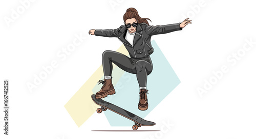 Stylish girl doing a trick on a skateboard, wearing a modern outfit