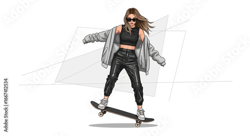 Stylish female skateboarder with an eye-catching backdrop in contemporary design