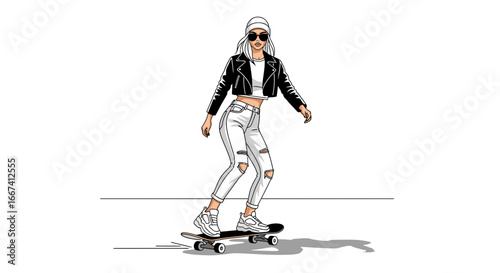 Stylish skateboarder cruises with effortless cool in monochromatic art style