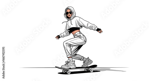 Stylish skater girl in urban outfit performs skateboarding trick