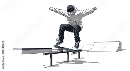 Stylized skater performing a grind on a skate park rail, mid-air trick