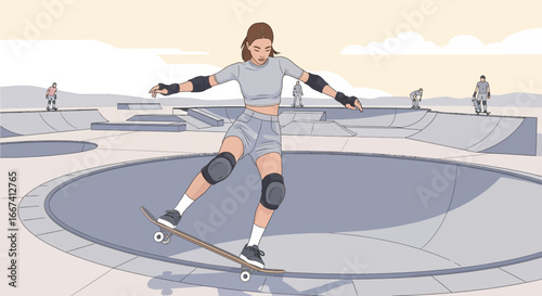 Urban Skatepark Scene with Woman on Skateboard and Other Skaters in Background