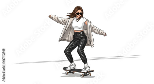 Trendy woman on skateboard exhibiting youthful vivacity and urban style