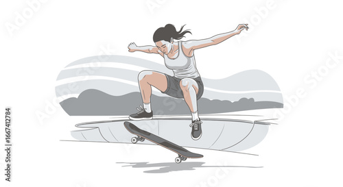Vector Illustration of a Skateboarder Performing a Trick in a Skatepark