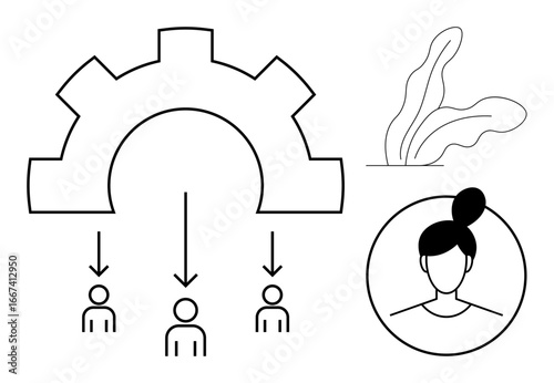 Gear represents hierarchy and workflow leader delegating tasks to three individuals. Natural element and profile enhance themes of leadership, teamwork, and process. Ideal for productivity