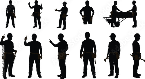 Construction worker silhouettes, builder men, labor industry, handyman with tools, engineer at work, black figure, industrial workforce, job site illustration, repair design
