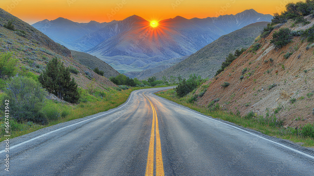 Naklejka premium Sunrise Mountain Road Trip.