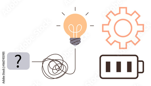 Question mark and tangled line leading to a glowing lightbulb, gear, and battery. Ideal for problem-solving, innovation, creativity, brainstorming, productivity energy and solutions. Simple flat